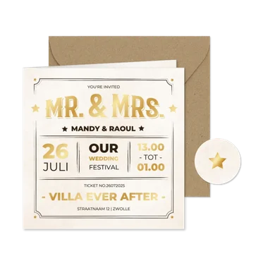 Moderne trouwkaart uitnodiging ticket vintage stijl met goud